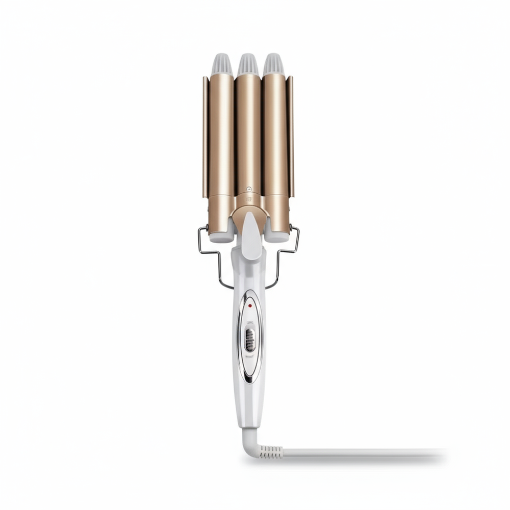 Modelador Triplo Ondas Cerâmica - Triple Wave - Branco e Dourado