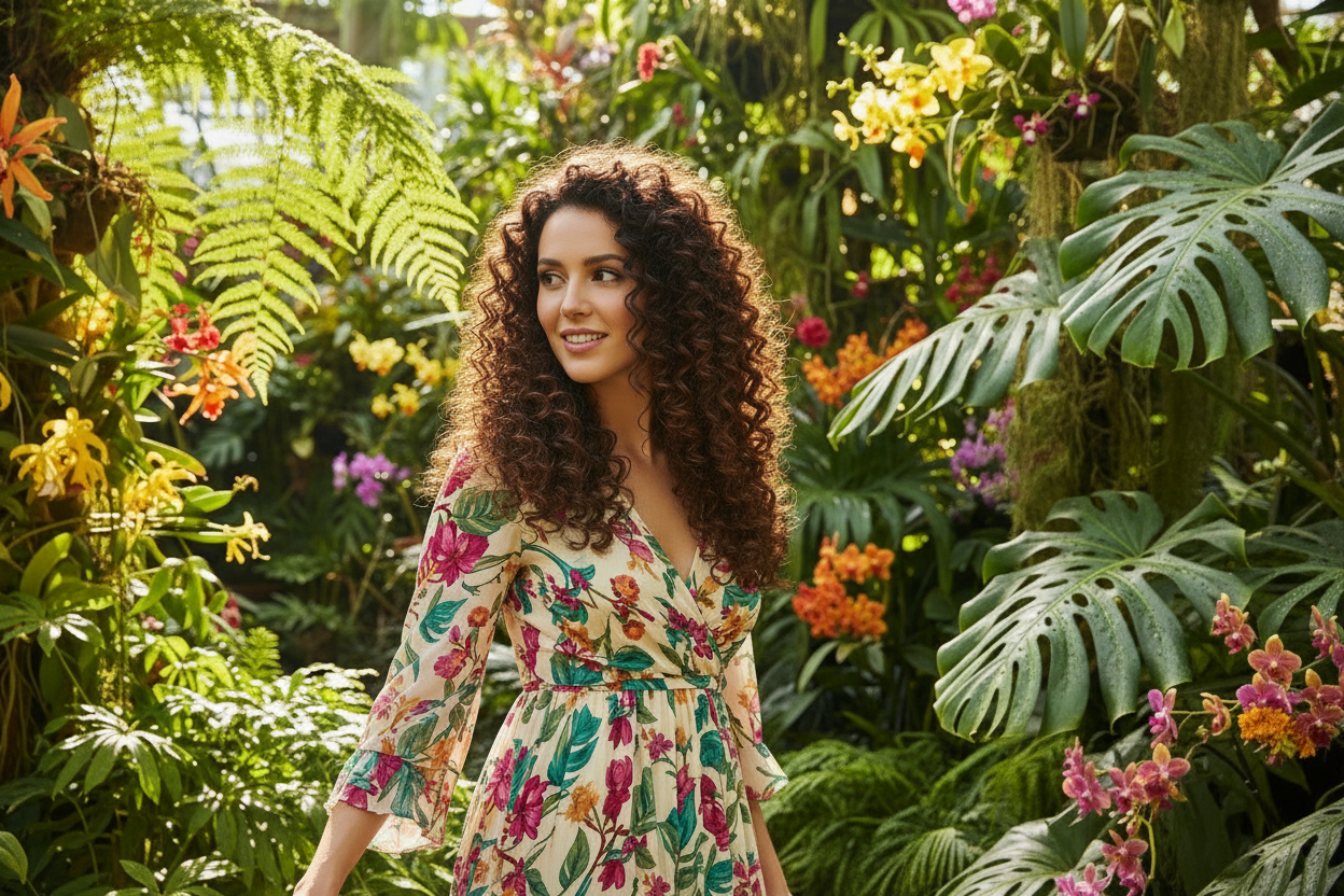 Mulher com cachos - pose lateral